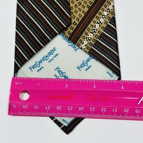 VINTAGE Yves Saint Laurent YSL Brown Tan Multi Pattern Satin Silk Necktie Tie - Picture 6 of 7